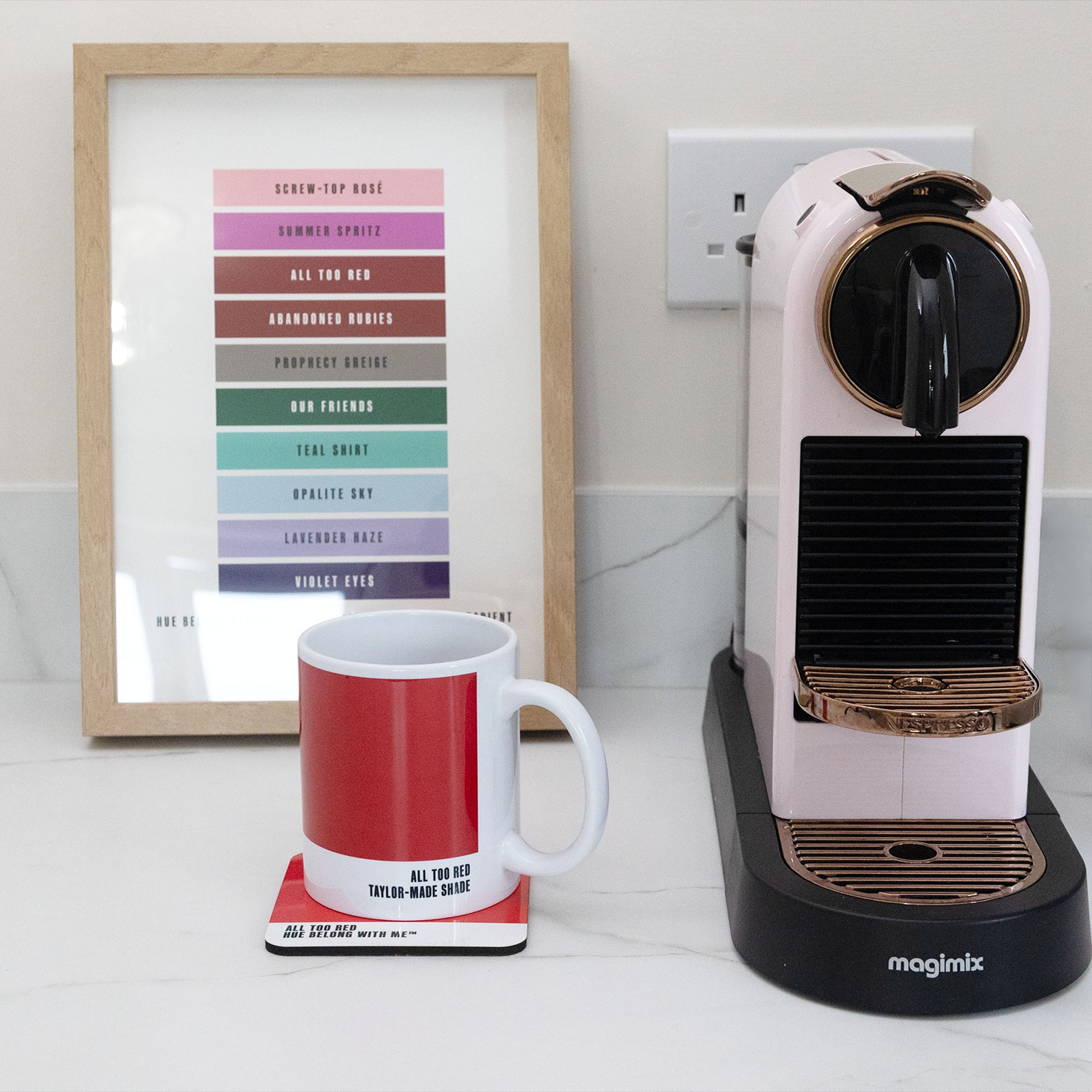 All Too Red mug and coaster styled with Nespresso machine and Daylight to Midnight Gradient art print — Hue Belong With Me