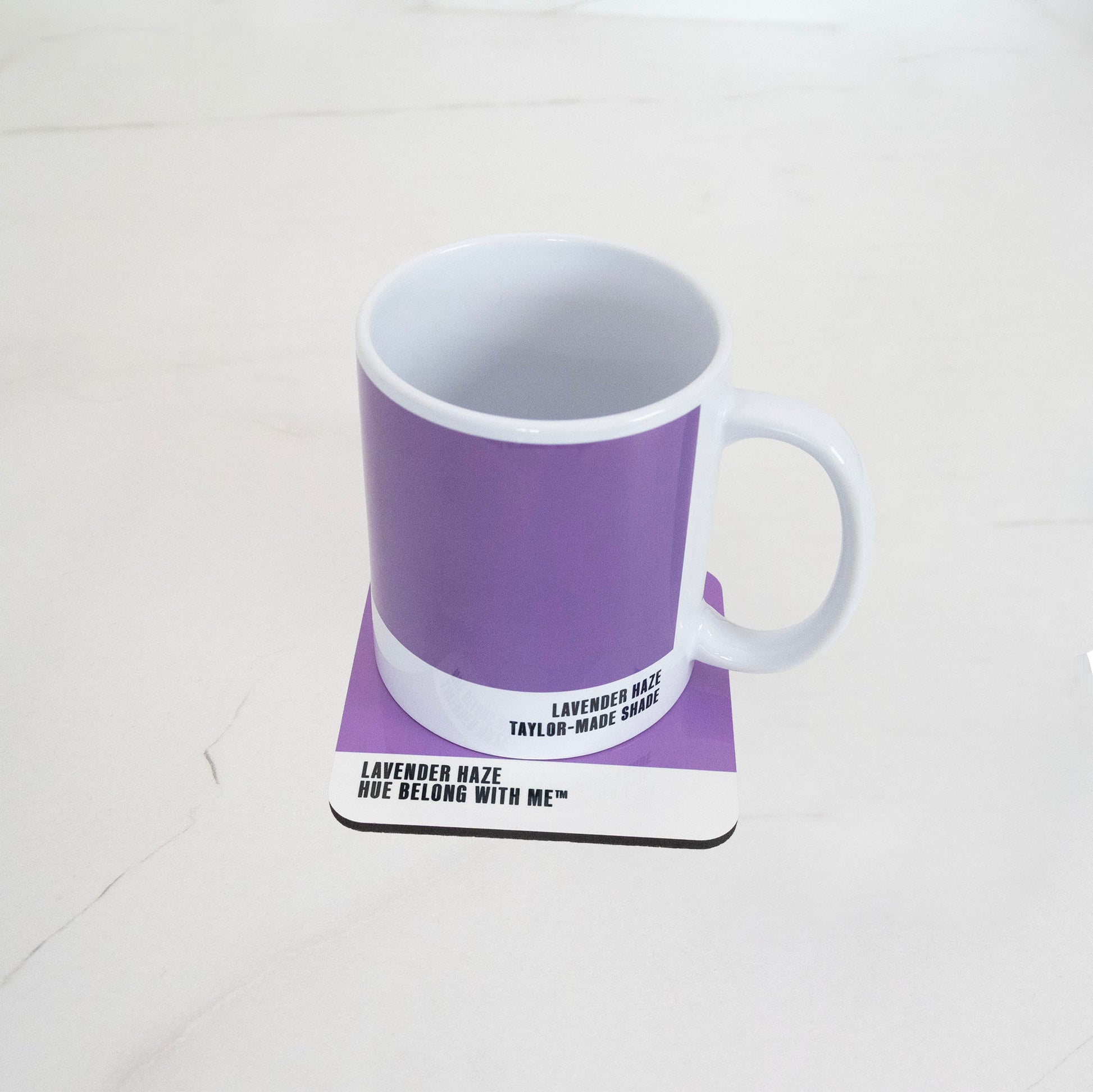 Lavender Haze mug and coaster matched pair on marble counter — Hue Belong With Me