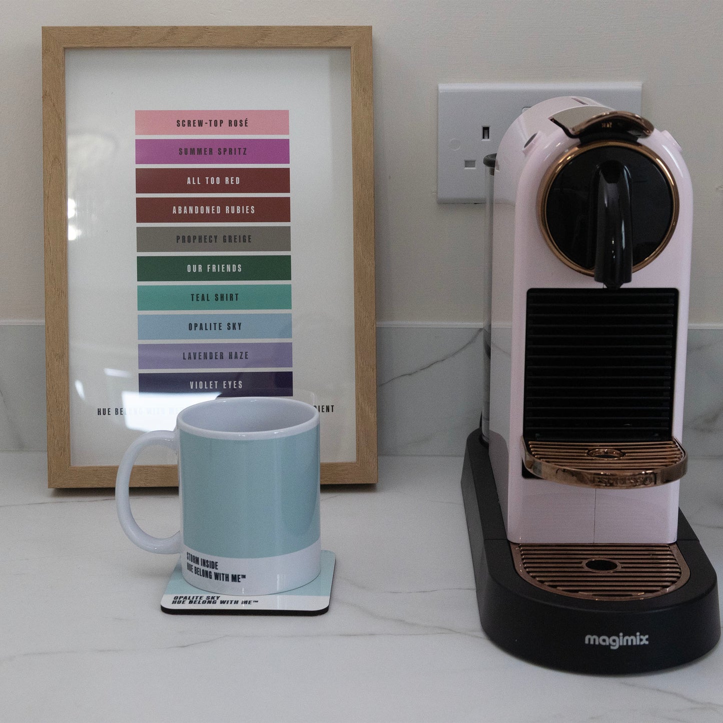 Opalite Sky mug and coaster styled with Nespresso machine and Daylight to Midnight Gradient art print — Hue Belong With Me