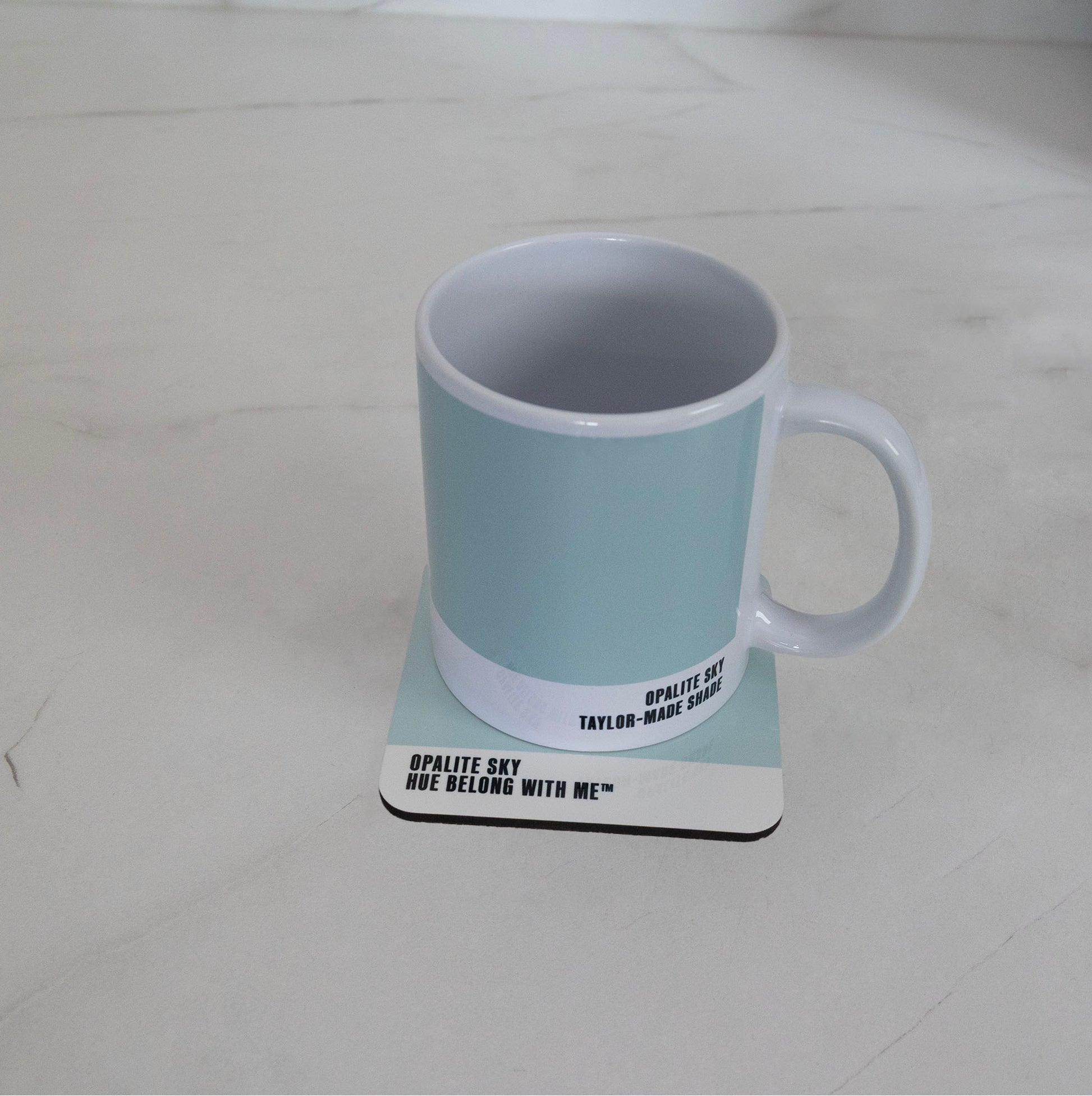 Opalite Sky mug and coaster matched pair on marble counter — Hue Belong With Me