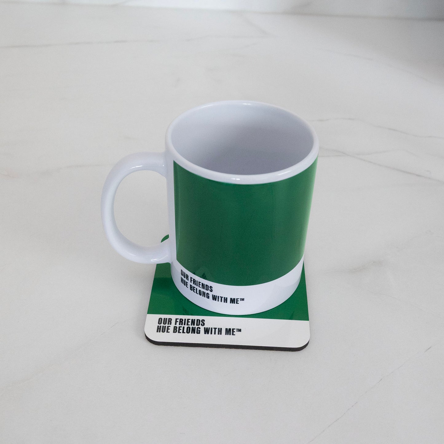 Our Friends mug and coaster matched pair on marble counter — Hue Belong With Me