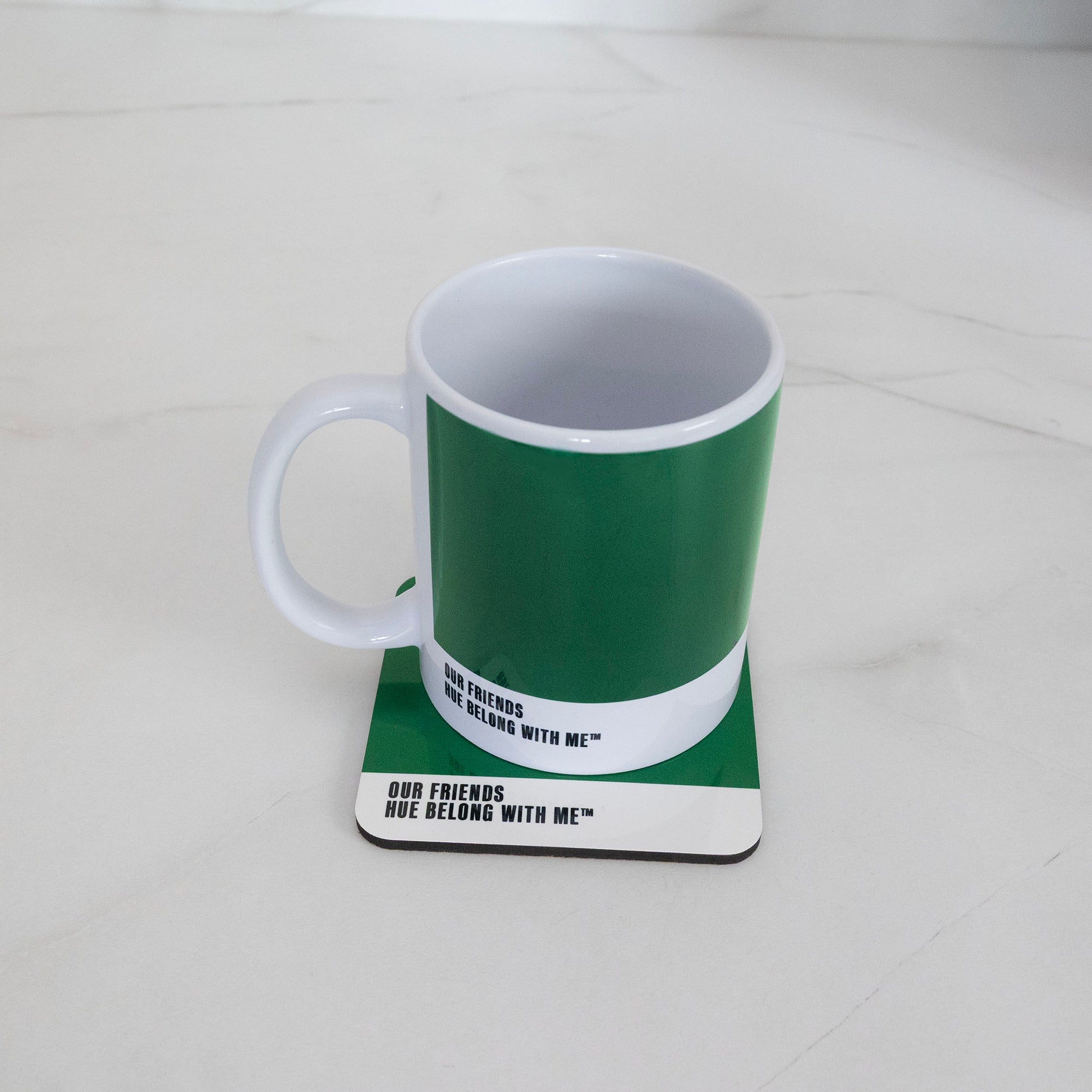 Our Friends mug and coaster matched pair on marble counter — Hue Belong With Me