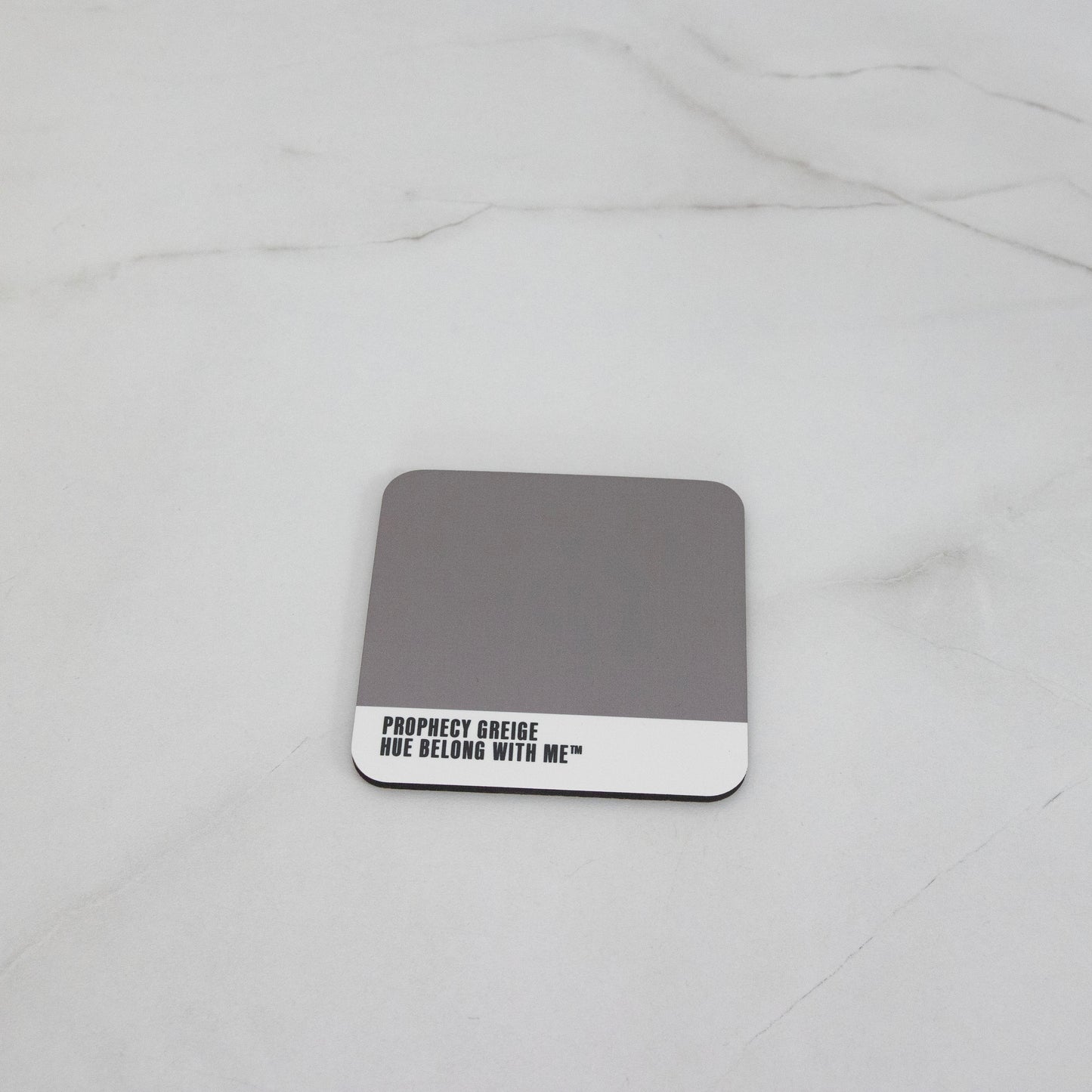 Gallery-calm greige cork-back coaster, flat lay mockup — Prophecy Greige by Hue Belong With Me
