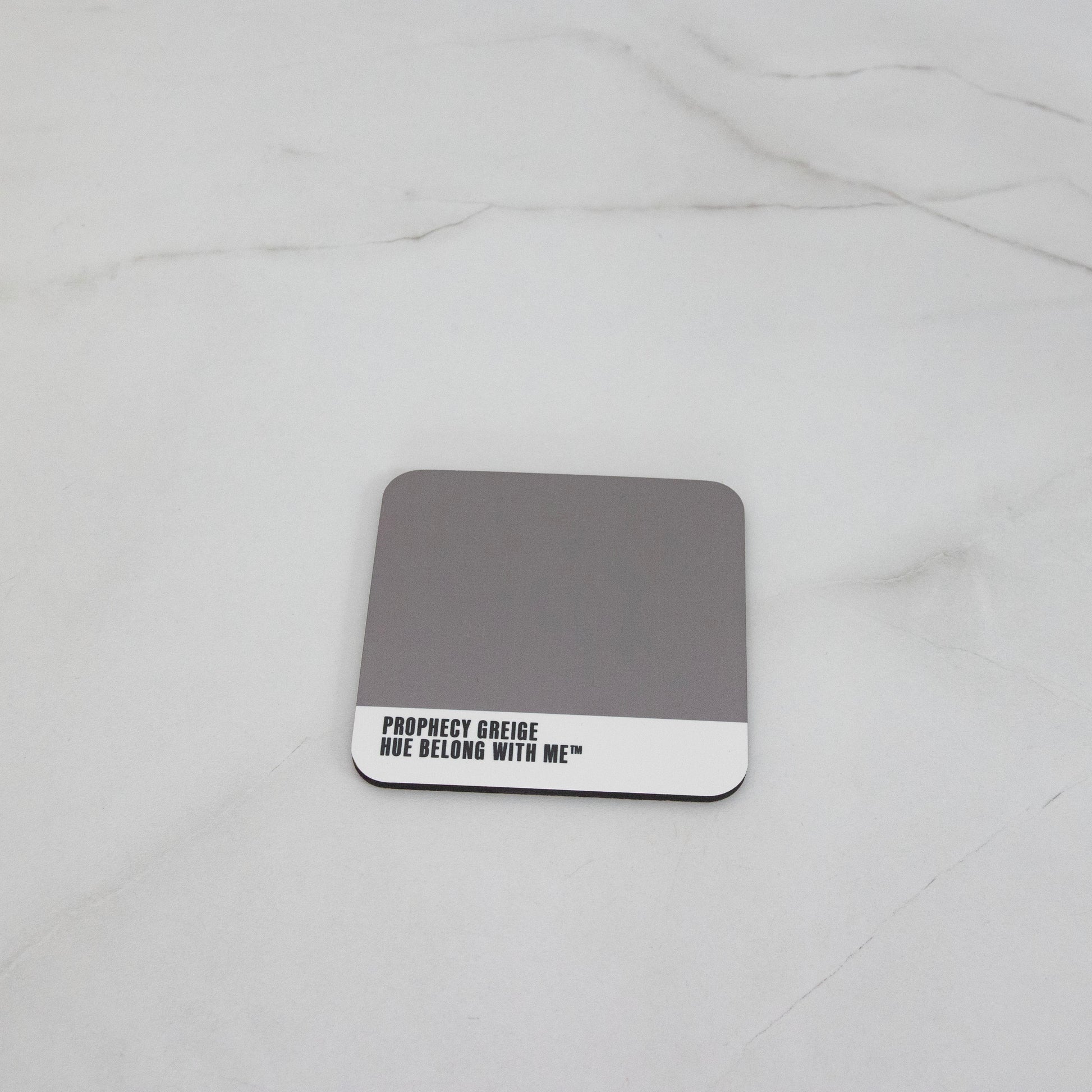 Gallery-calm greige cork-back coaster, flat lay mockup — Prophecy Greige by Hue Belong With Me