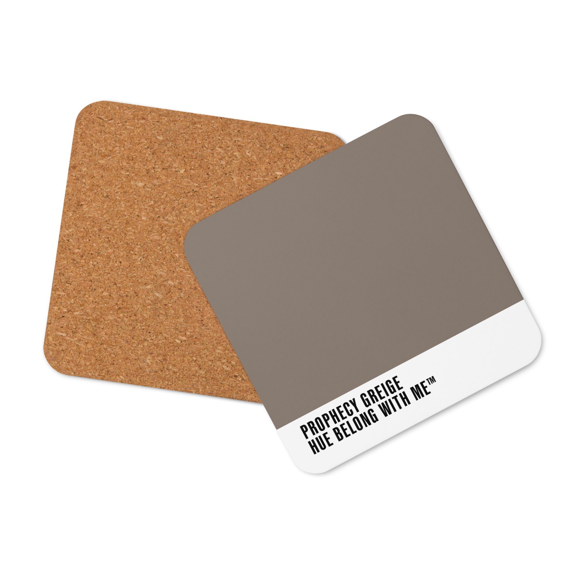 Gallery-calm greige cork-back coaster, front and back mockup view — Prophecy Greige by Hue Belong With Me