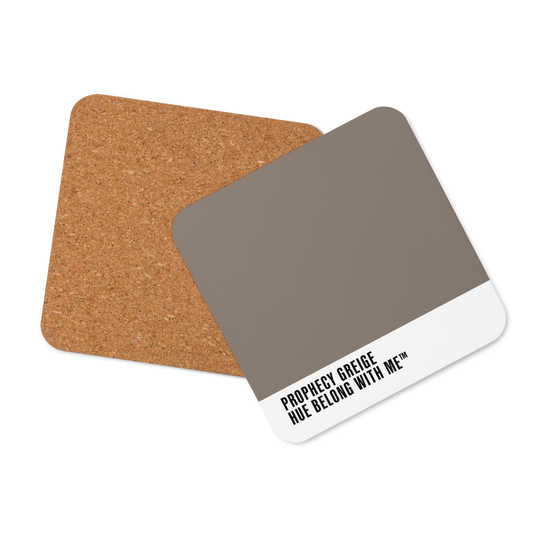 Gallery-calm greige cork-back coaster, front and back mockup view — Prophecy Greige by Hue Belong With Me