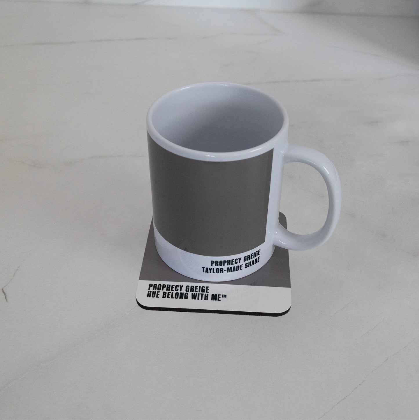 Prophecy Greige mug and coaster matched pair on marble counter — Hue Belong With Me