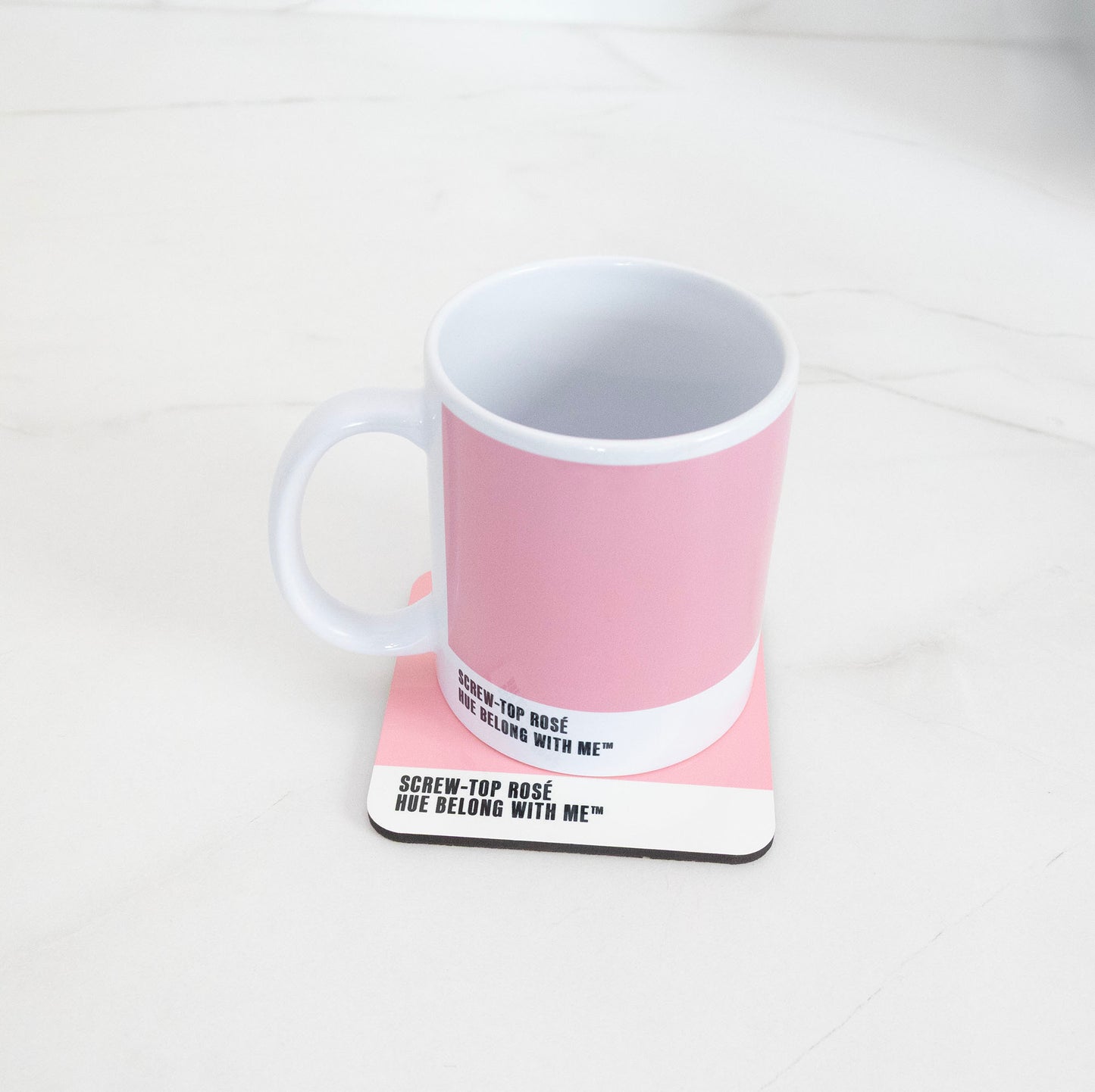 Screw Top Rosé mug and coaster matched pair on marble counter — Hue Belong With Me