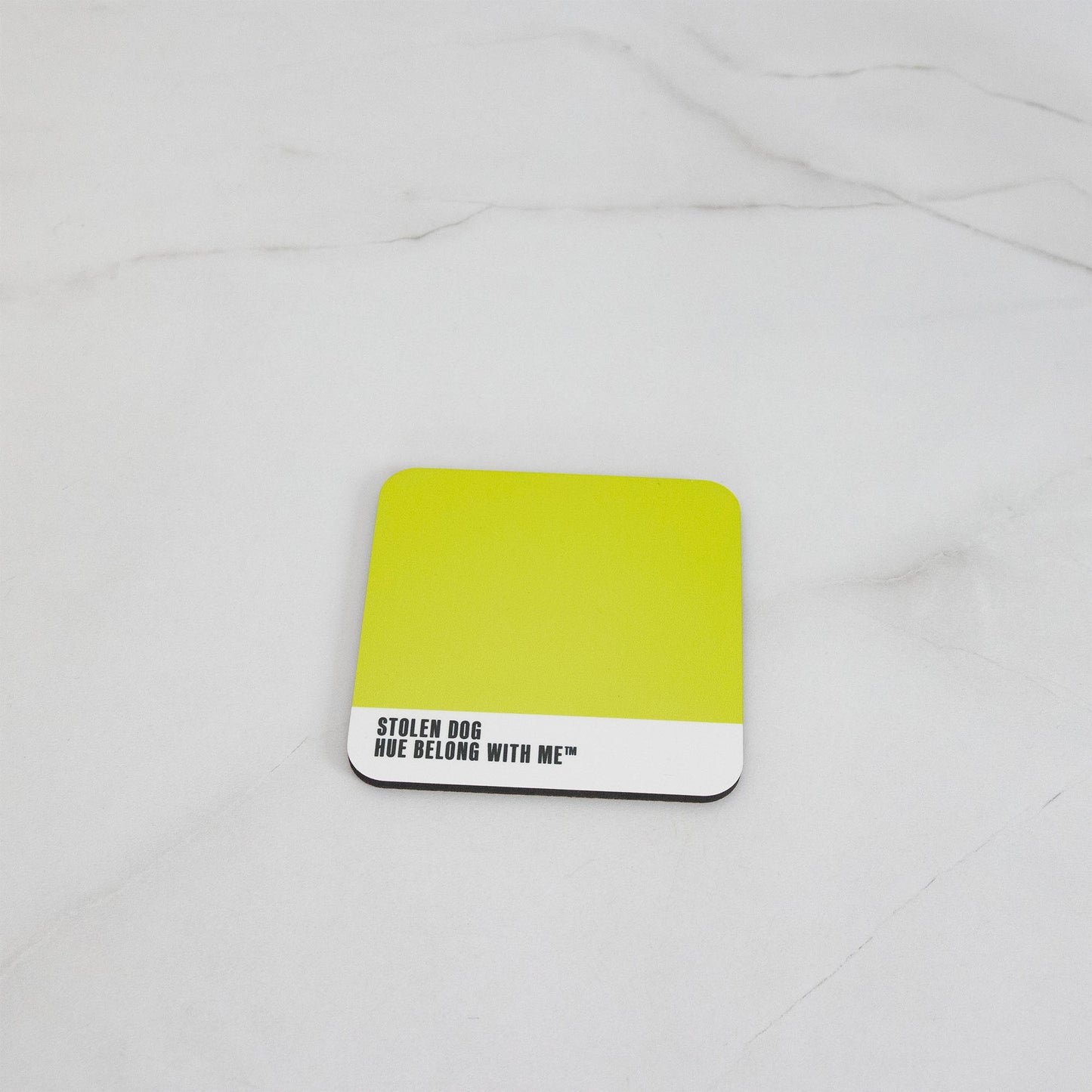 Vibrant Key Lime green cork-back coaster, flat lay on marble counter — Stolen Dog by Hue Belong With Me