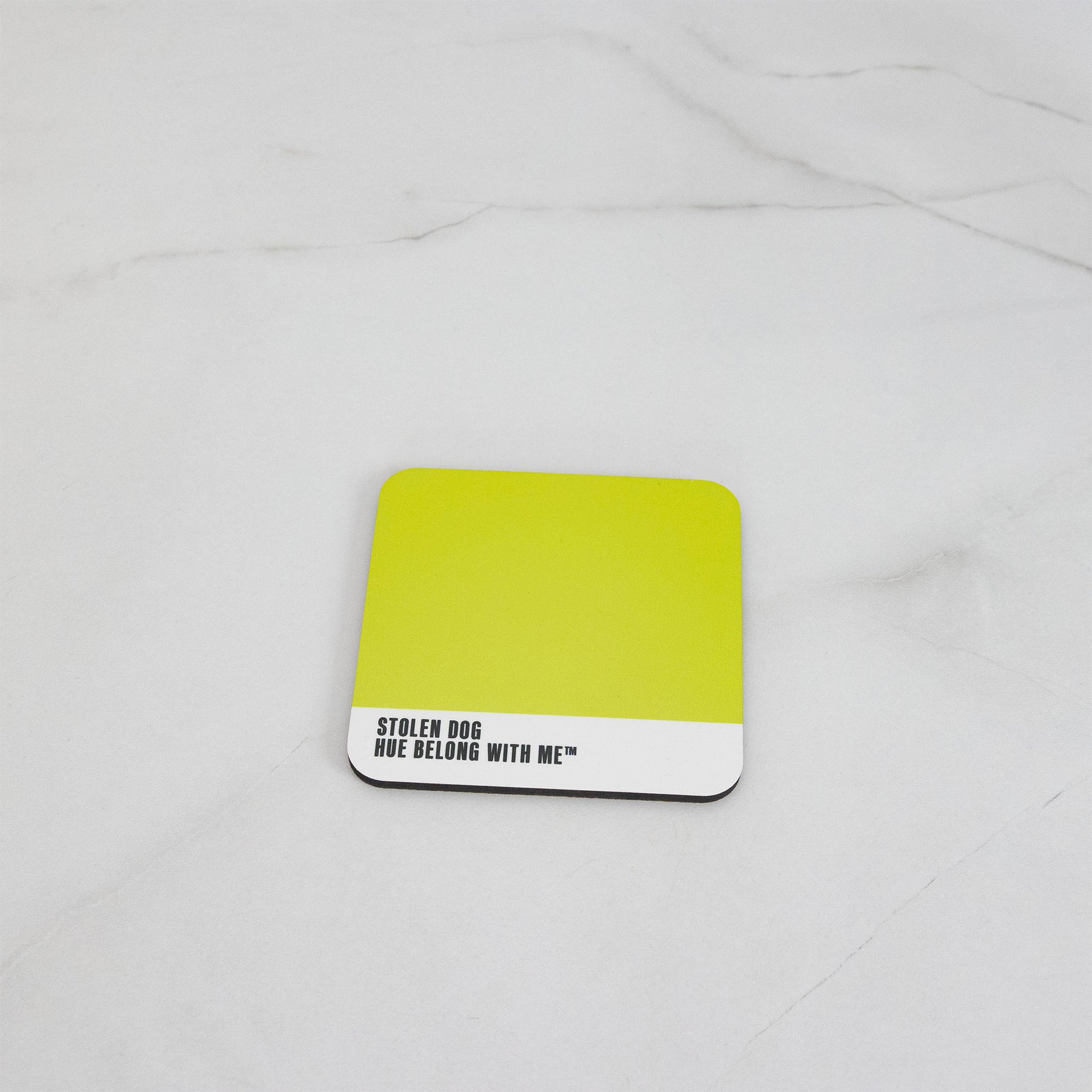 Vibrant Key Lime green cork-back coaster, flat lay on marble counter — Stolen Dog by Hue Belong With Me