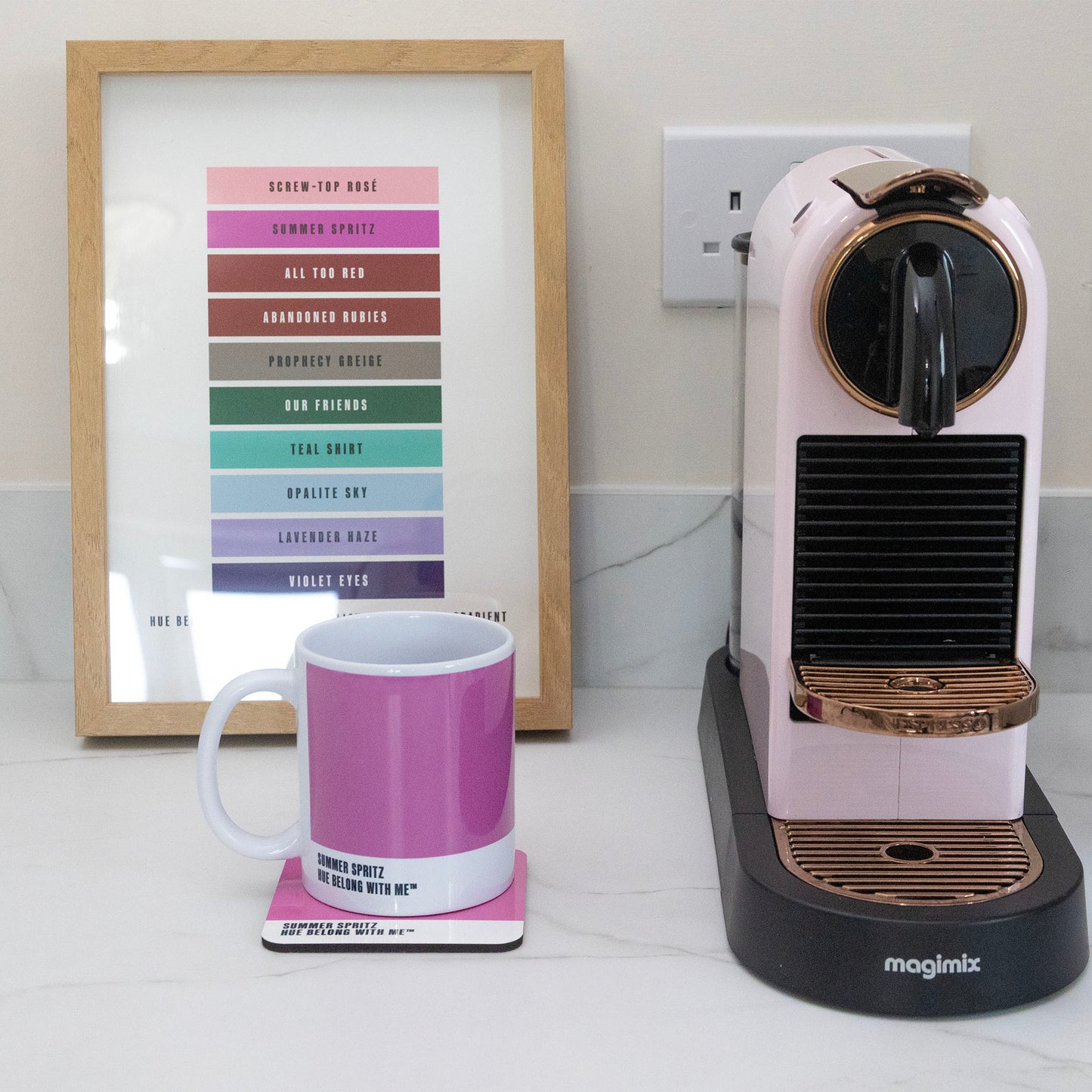 Summer Spritz mug and coaster styled with Nespresso machine and Daylight to Midnight Gradient art print — Hue Belong With Me