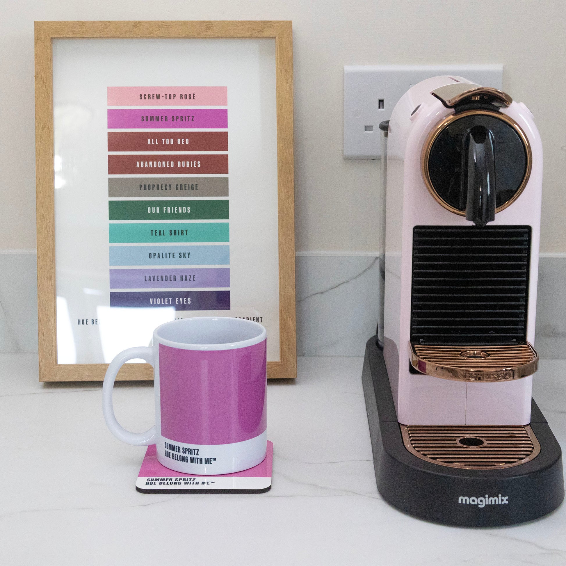 Summer Spritz mug and coaster styled with Nespresso machine and Daylight to Midnight Gradient art print — Hue Belong With Me