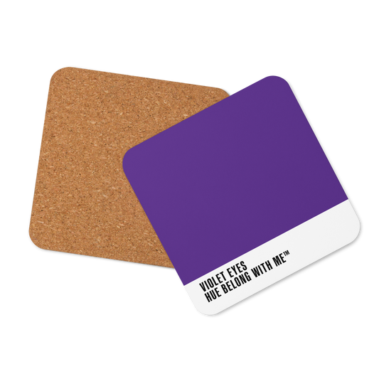 Deep commanding purple cork-back coaster, front and back mockup view — Violet Eyes by Hue Belong With Me