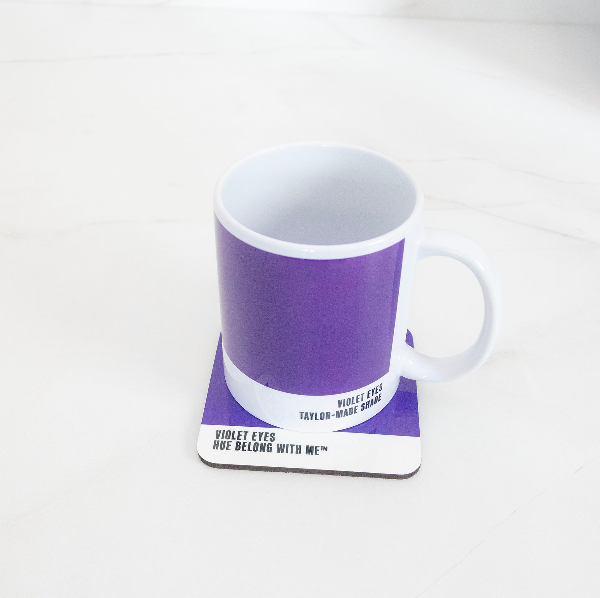 Violet Eyes mug and coaster matched pair on marble counter — Hue Belong With Me