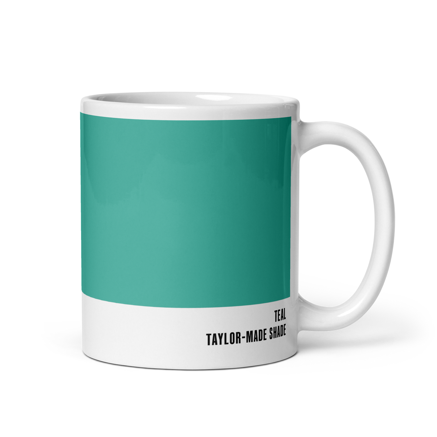 Crisp high-contrast teal ceramic mug, handle right, showing Teal label — Your Shirt by Hue Belong With Me