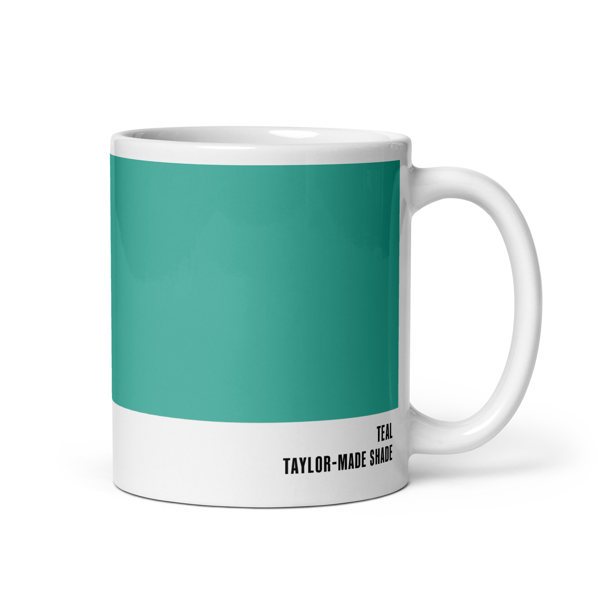 Crisp high-contrast teal ceramic mug, handle right, showing Teal label — Your Shirt by Hue Belong With Me